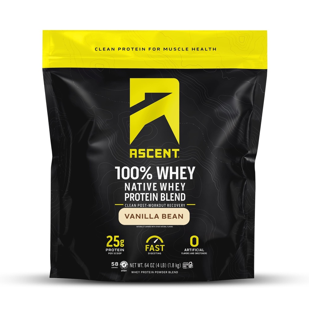 Ascesa 100% Whey, Native Whey Protein Blend - Clean Post Workout Recovery, Digesting, Zero Artificial Flavors & Sweeteners, Gluten Free, 5.5g BCAA, 2.6g Leucine, Vanilla Bean 4 lb.