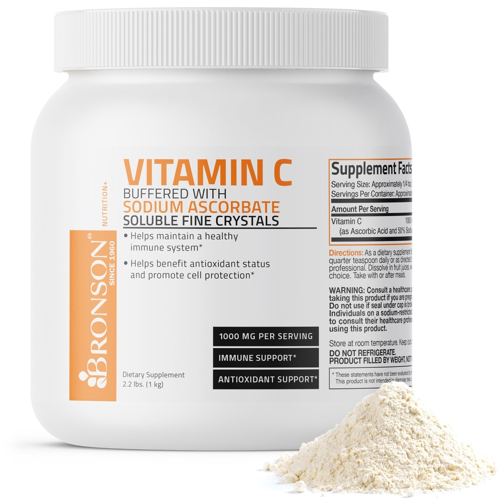 Bronson Buffered Vitamin C Pulver Ascorbinsäure gepuffert mit Natriumascorbat Soluble Fine Crystals – fördert gesundes Immunsystem und Zellschutz – Leistungsstarkes Antioxidans - 1 Kilogramm (2.2 Lbs)