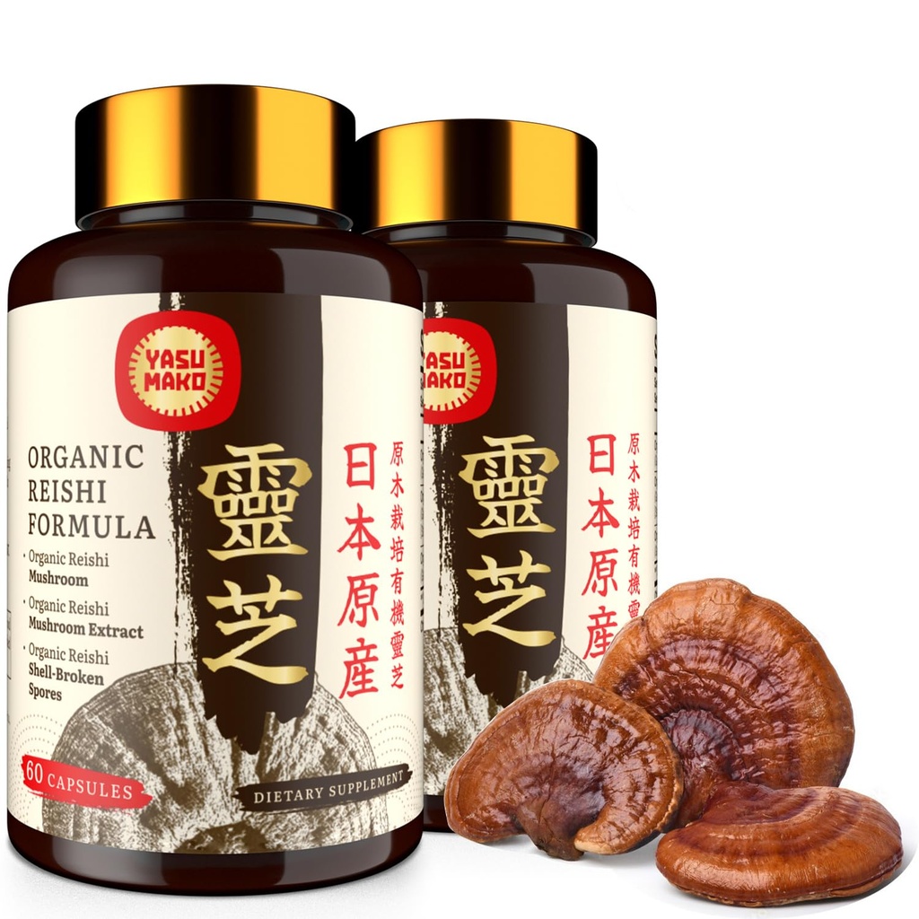 Japanese Reishi Mushroom Supplement 800mg con Reishi Mushroom Extract 500mg & Shell-Broken Spores 200mg,Organic Mushroom Capsule per Immune System - Real Fruiting Body (Pack of 2)