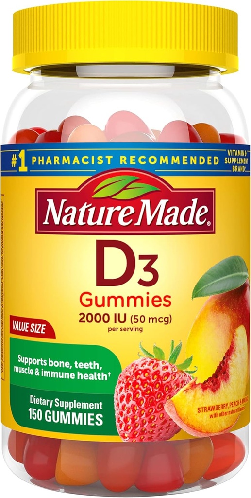Nature Made Vitamin D3, 150 Gummis, Vitamin D 2000 IU (50 mcg), Vitamin D Gummis für Erwachsene unterstützt Immungesundheit, starke Knochen und Zähne, & Muskelfunktion, 250% des täglichen Wertes für Vitamin D