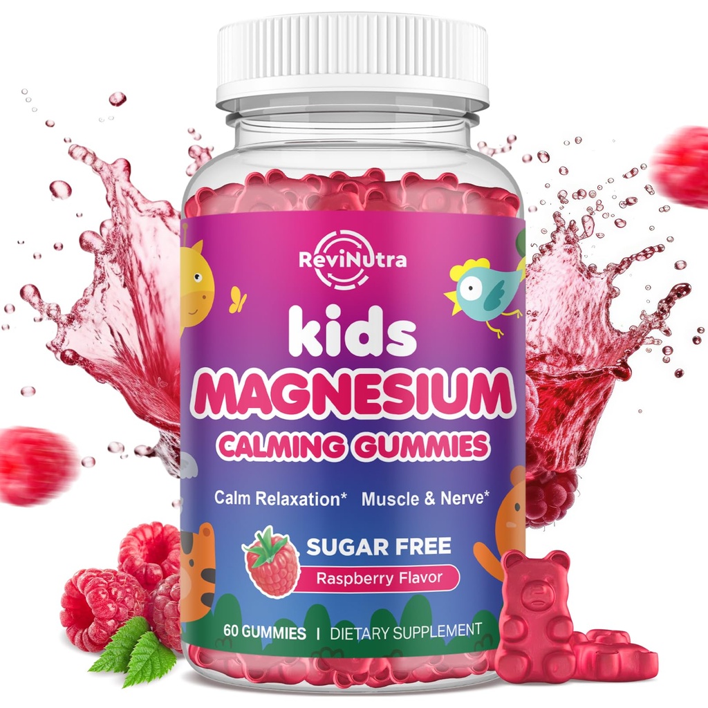 Gummie di Magnesio per bambini, Magnesio Glycinate Gummies per bambini e adulti con L-teanina, Camomilla, Liquirizia, Vitamina D, B6 per il sonno, Rilassamento, Cervello e Muscolo, Sugar Free Raspberry 60ct