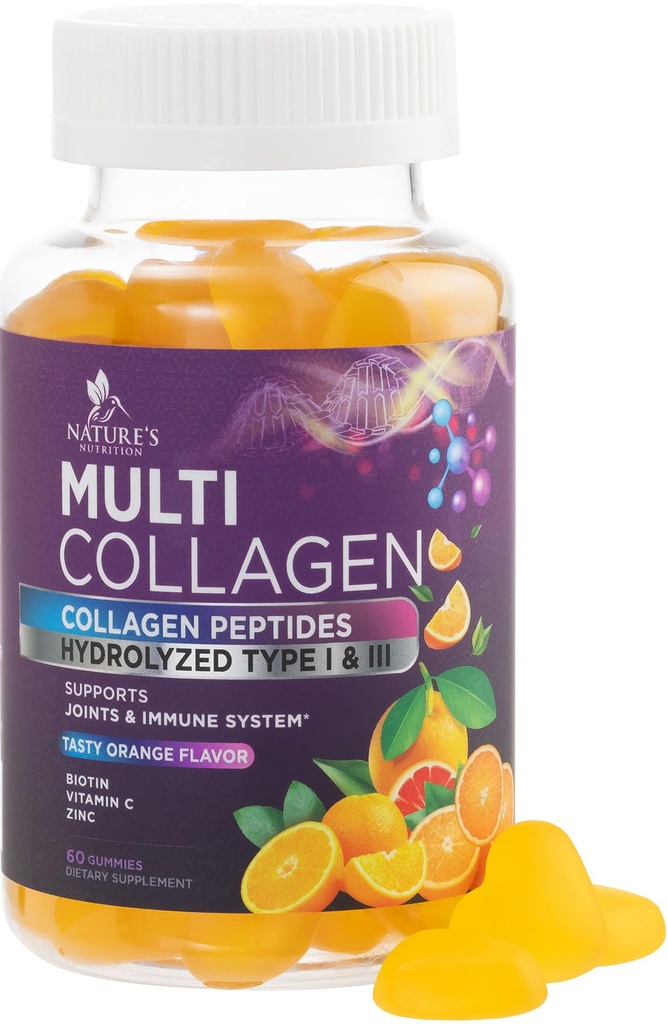 Peptidi di collagene Gummies con 2500 mcg Biotina - Integratore multi collage di proteine idrolizzate I & III con vitamina C & Zinc - Supporto per capelli, pelle, unghie, gustoso aroma d'arancia - 60 Gummies