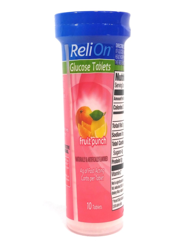 Relion Glucose Fruit Punch, 10 comprimés, tube en marche.