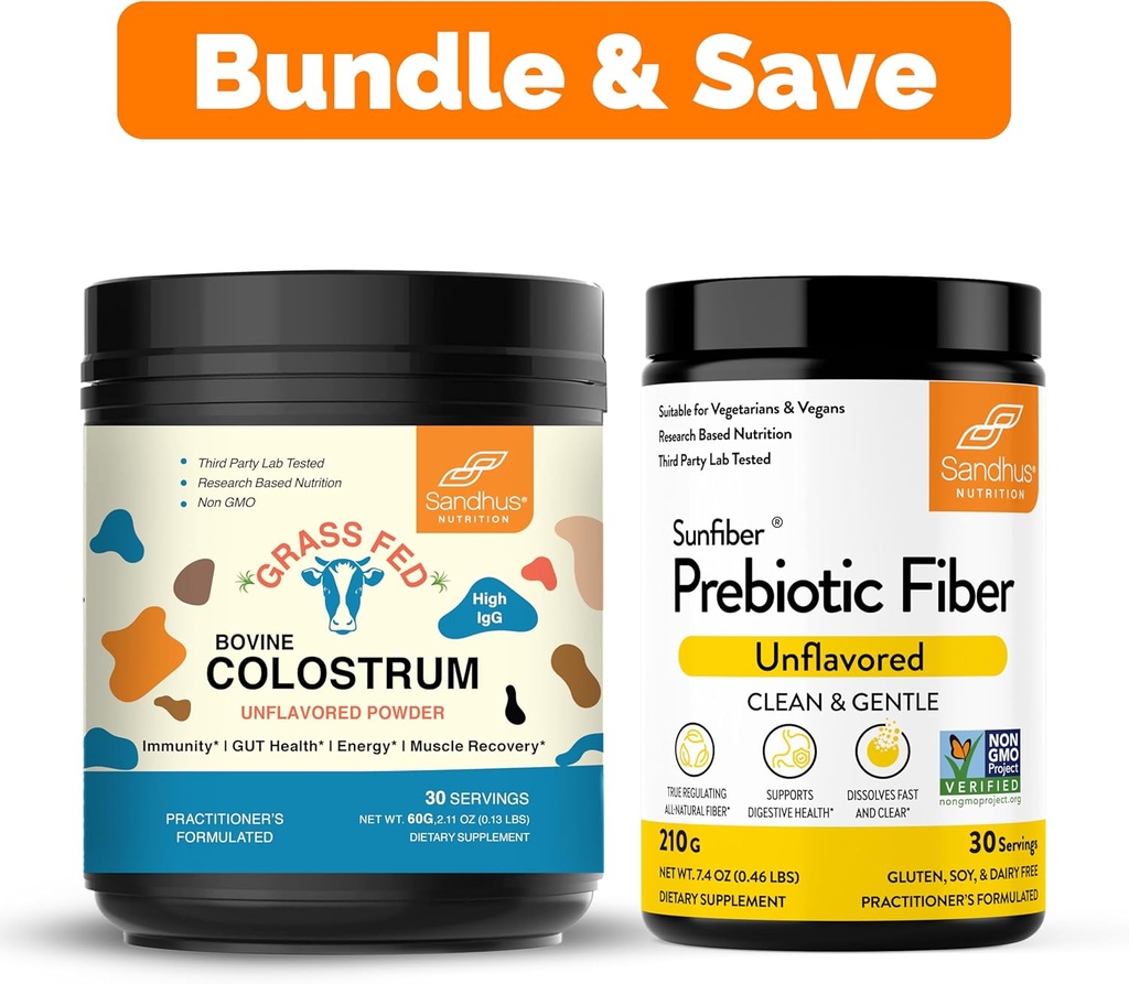Sandhu Pure Bovin Colostrum Supplément en poudre pour les humains 30 portions et supplément de fibre prébiotique Poudre de support Immune, Gut, Digestion & Santé Colon