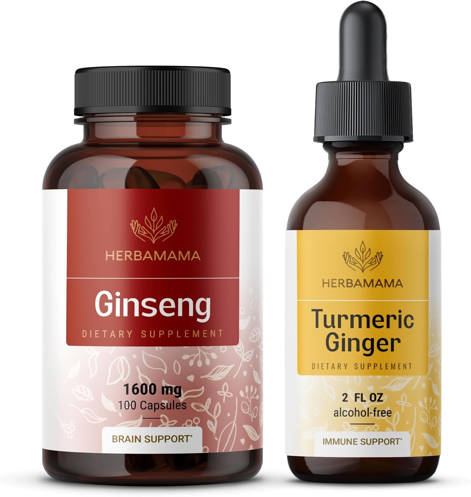 HERBAMA Korean Red Ginseng und Turmeric Ginger Kit - Bundle of Korean Panax Ginseng Capsules & Turmeric Ginger Liquid Drops - Vegan, Non-GMO, Sugar & Alcohol-Free - 2 Pack