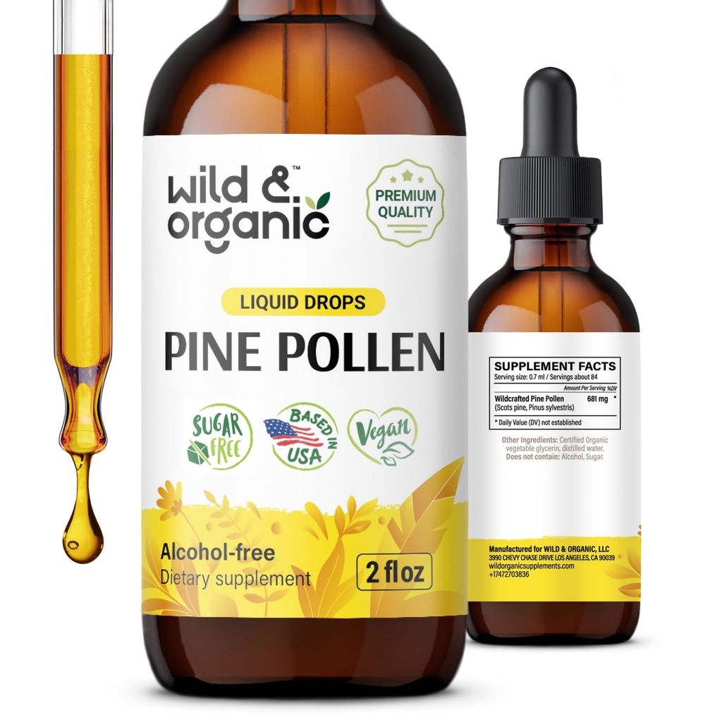 Wild & Organic Pine Pollen Tincture - Antioxidans & Immununterstützung - Pine Pollen Extrakt Tropfen - Vegan, Zucker & Alkoholfreie Flüssigergänzung - 2 fl oz