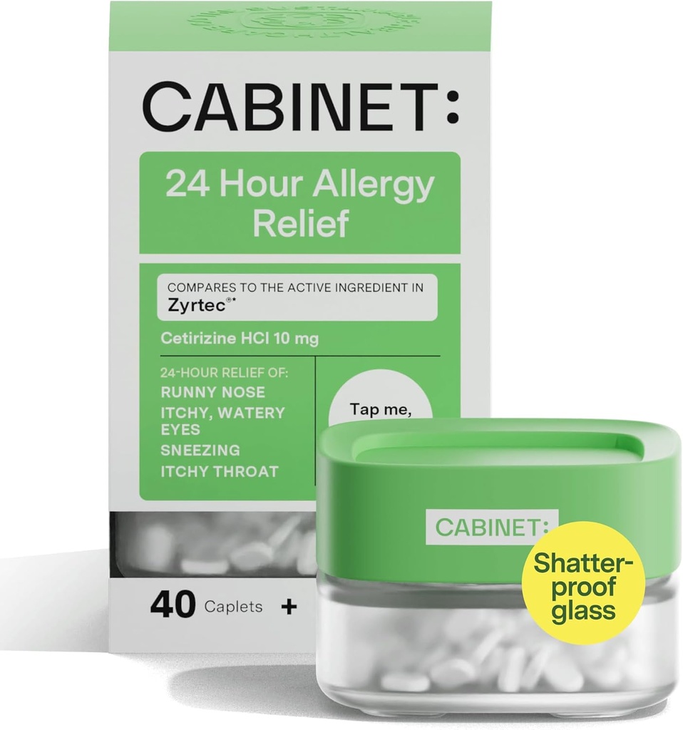Cabinet: All Day Allergy Relief Cétirizine 10mg pour le soulagement non somnolent des symptômes d'allergie commune (Jarre de verre rechargeable)