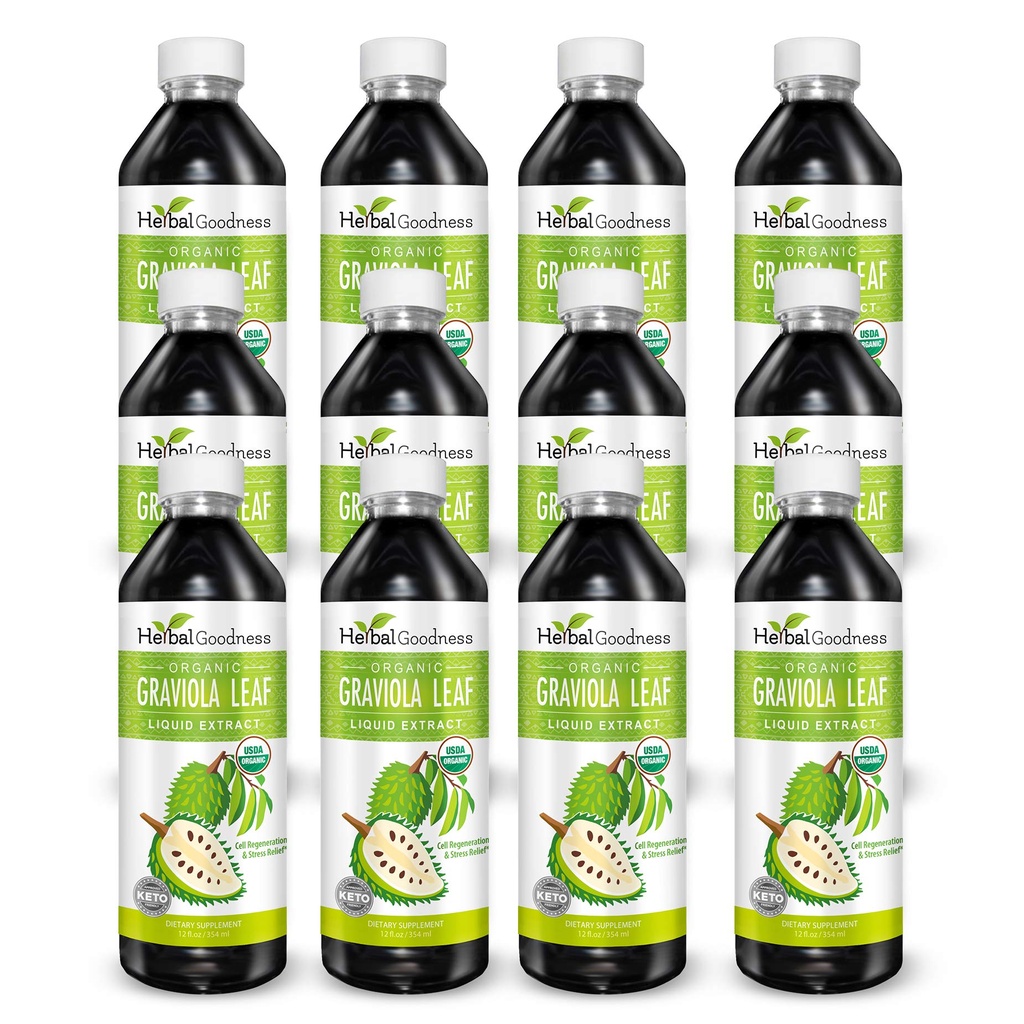 Herbal Goodness Graviola Leaf Extract 15X Strength - Sourop (Guanabana) Leaves Liquid USDA Organic Non-GMO Kosher Cell Support & Regeneration & Stress Relief Imune Boost 12(12oz) btls