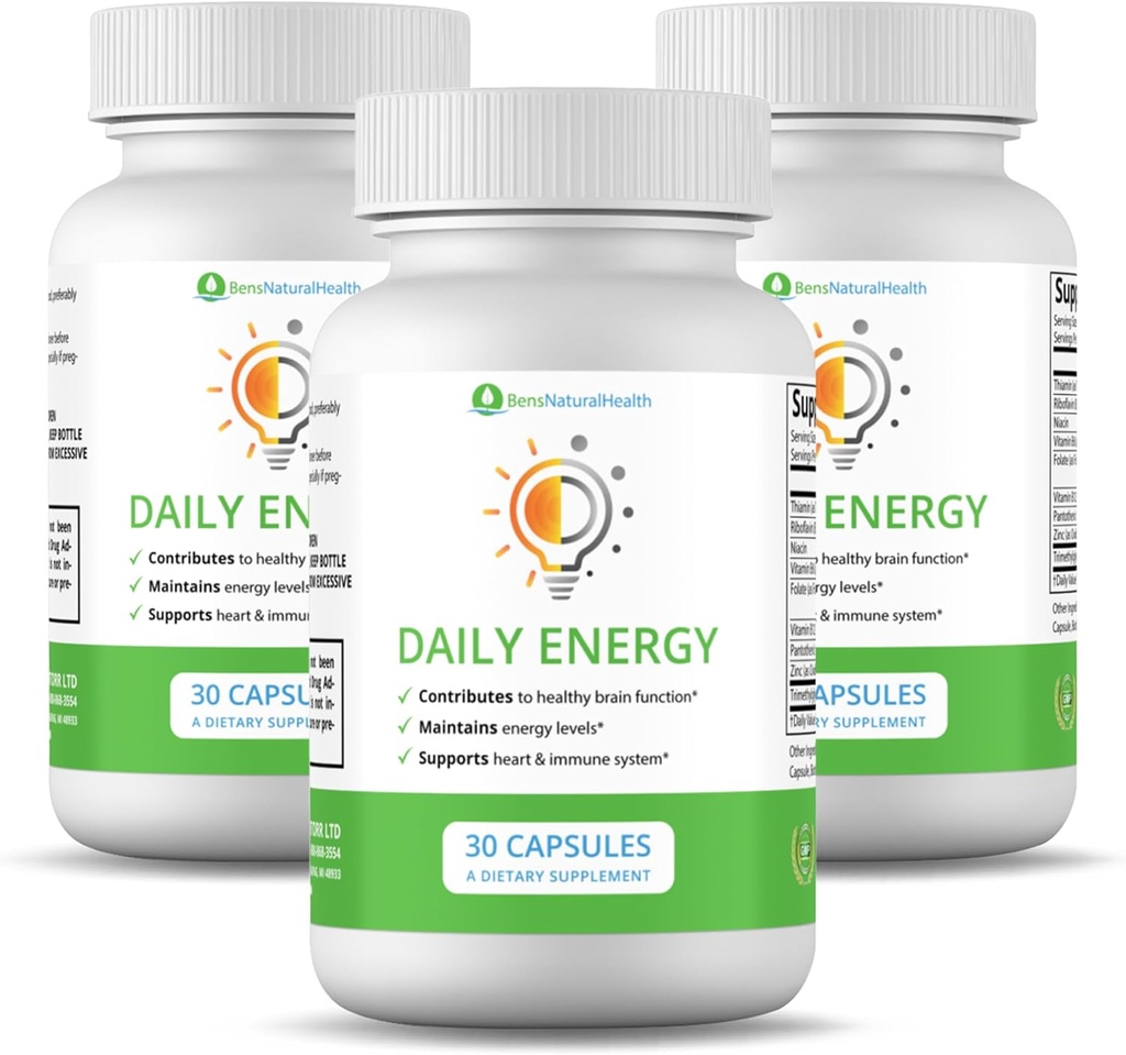 Ben's Natural Health Daily Energy B-Vitamin Complex mit TMG und Zink für natürliche Energie, Stress, Fokus und Immununterstützung, 30 Kapseln, 3 Packung