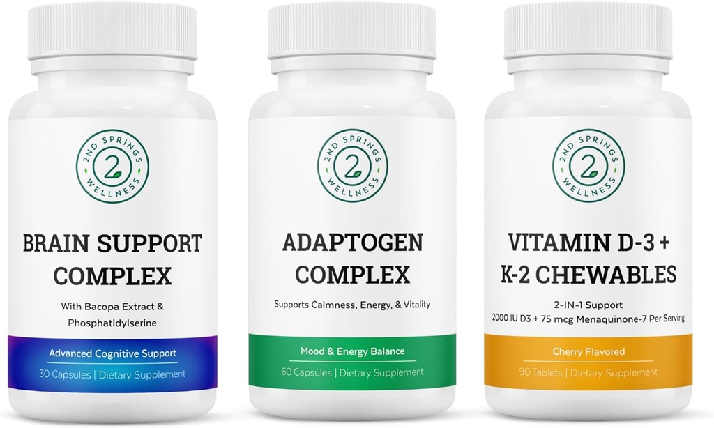 Vitality & Mind Wellness Trio Bundle - Brain Support Complex, Adaptogen Complex und Vitamin D3+K2