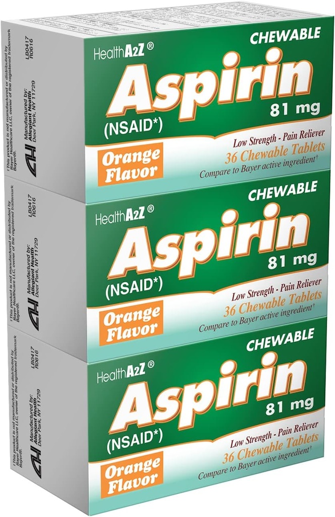 SantéA2Z® Aspirine 81mg=1 Comprimés chirurgicaux à faible force=1 Relief de douleur et réducteur de fièvre=1 Arôme orange=1 Réduit les douleurs mineures, les maux de tête et les douleurs musculaires=36 Nombre (paquet de 3)