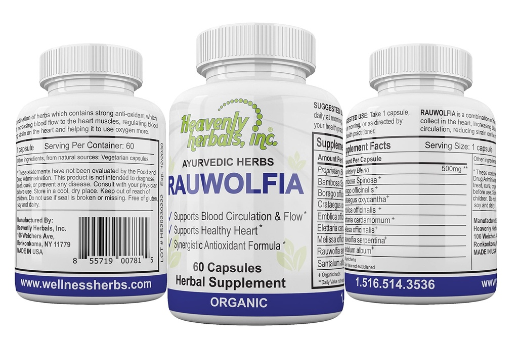 Rauwolfia Capsules, Organic Herbal Supplement – Rauwolfia Serpentina Blend – Ayurvedic Herb & Natural Remedy – Blood Circulation Support & Flow – Natural Heart Health - 60 Ct