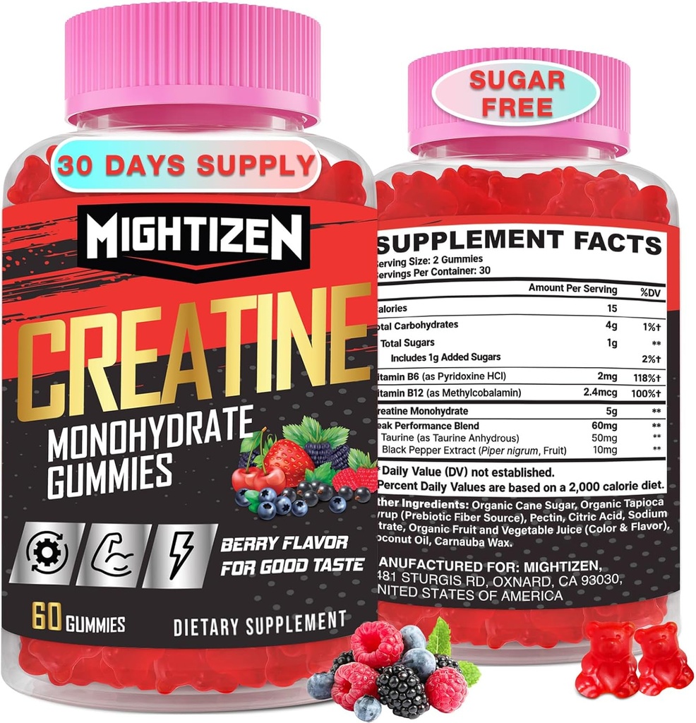 Monohydrate de créatine Gommies pour hommes et femmes, Créatine pour femmes Chewables Monohydrate de créatine avec Taurine et vitamine B12, Gommies pré-entraînement pour Max Strength, Energy & Endurance, Berry 60 comtes
