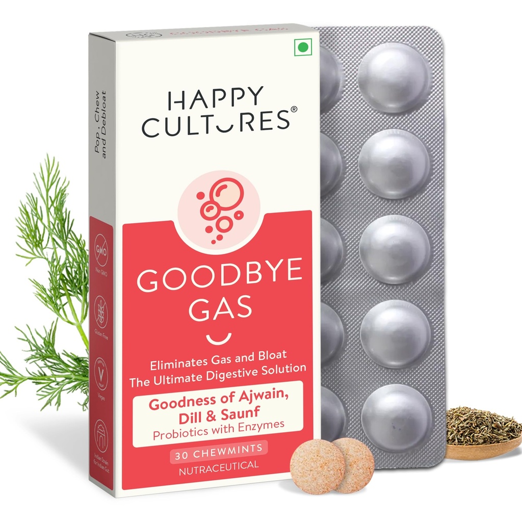 Happy Cultures Goodbye Gas, Chewable Gas Relief Kapseln für Verdauungs-Gesundheit, Bloating und Verdauung mit Simethicone 50mg - 30 Chewables