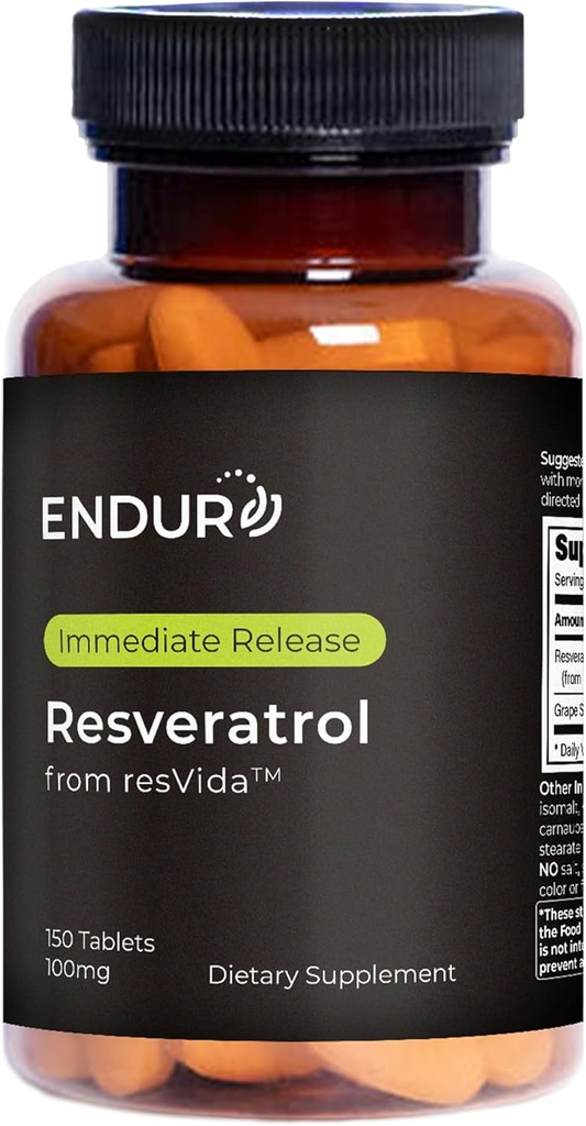 Resvératrol Endur, Supplément pour le vieillissement en santé et le soutien cardiovasculaire, Extrait de peau de raisin antioxydant à libération instantanée, sans gluten, 100mg (150 comprimés)