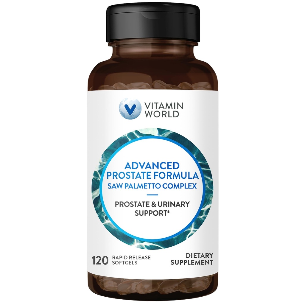 Vitamin World Advanced Prostate Formula Saw Palmetto Complex 120 Softgels, unterstützt Prostata-Gesundheit, Urinärgesundheit, Schnell-Release, Glutenfrei