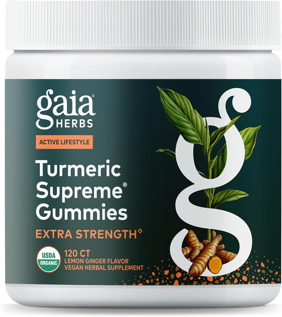 Gaia Herbs Turmeric Supreme Extra Strength Gummies - Supporta il rilievo di gonfiaggio per aiutare a mantenere uno stile di vita attivo - Lemon Ginger Flavor - 120 Vegan Organic Gummies (40-Day Supply)