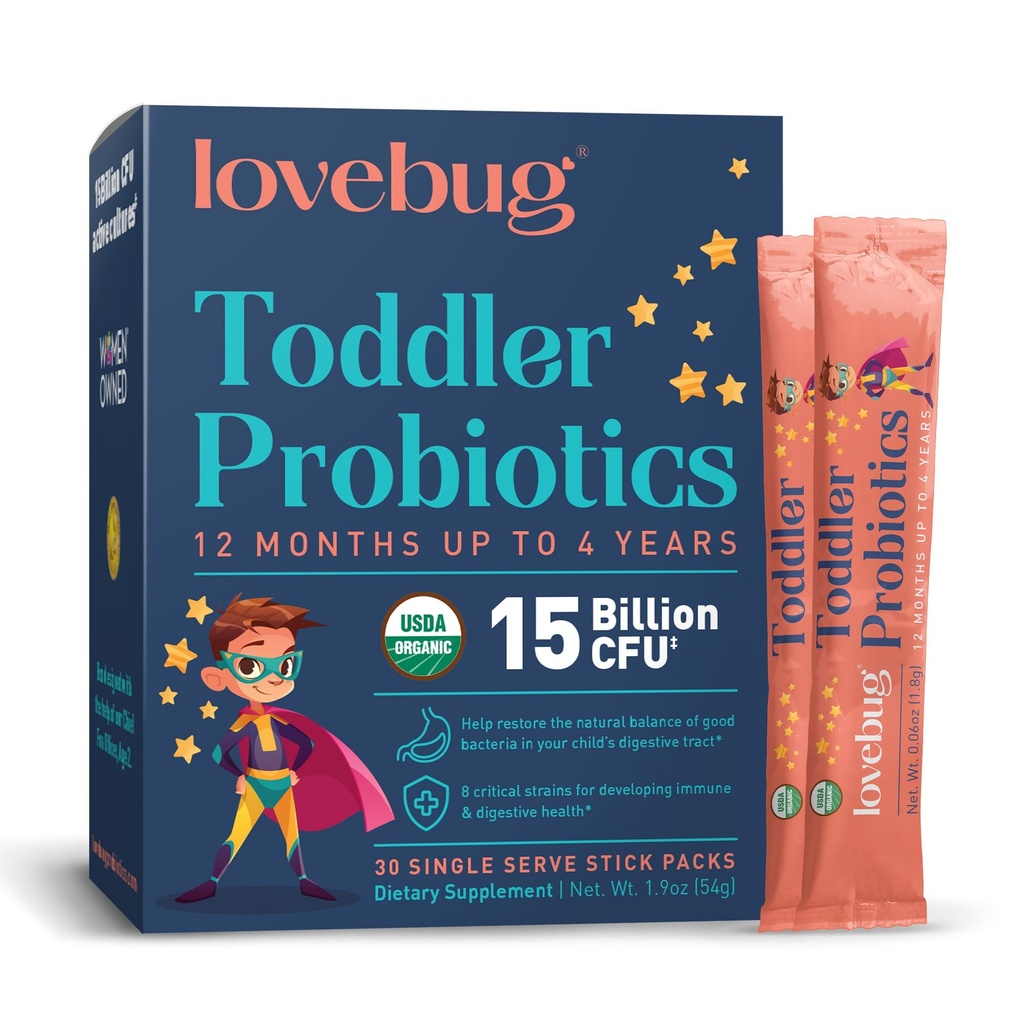 Lovebug Kids Probiotic Powder mit Prebiotic Fiber - Kleinkind Immunität Support & Constipation Relief - USDA Organic Probiotics for Childrens Gut & Digestive Health (Ages 1-4) - 30 Pack (Unflavoured)