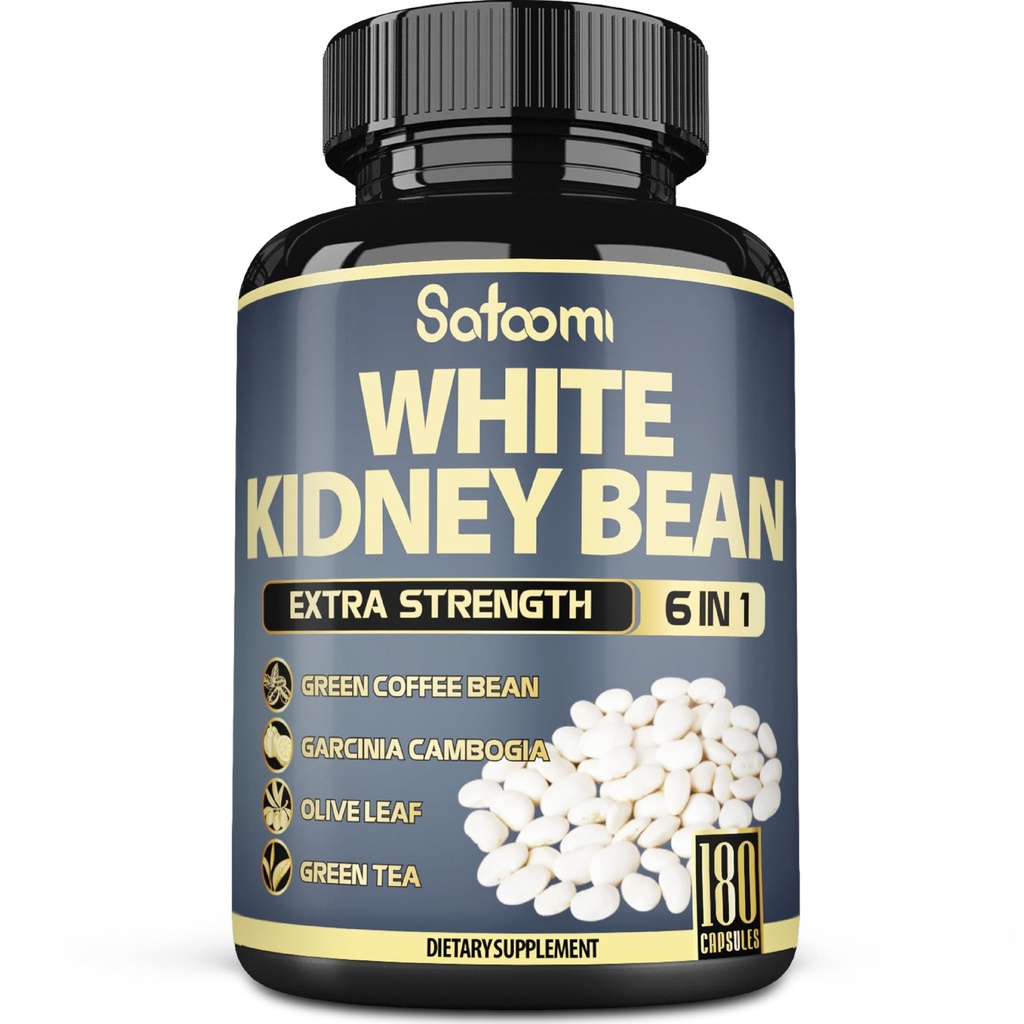 Satoomi 6in1 White Kidney Bean Extract Kapseln - 6 Monate Versorgung - Extra Blend mit Olivenöl Blatt, Grüne Kaffeebohne & Grüner Tee - 180 Zähler