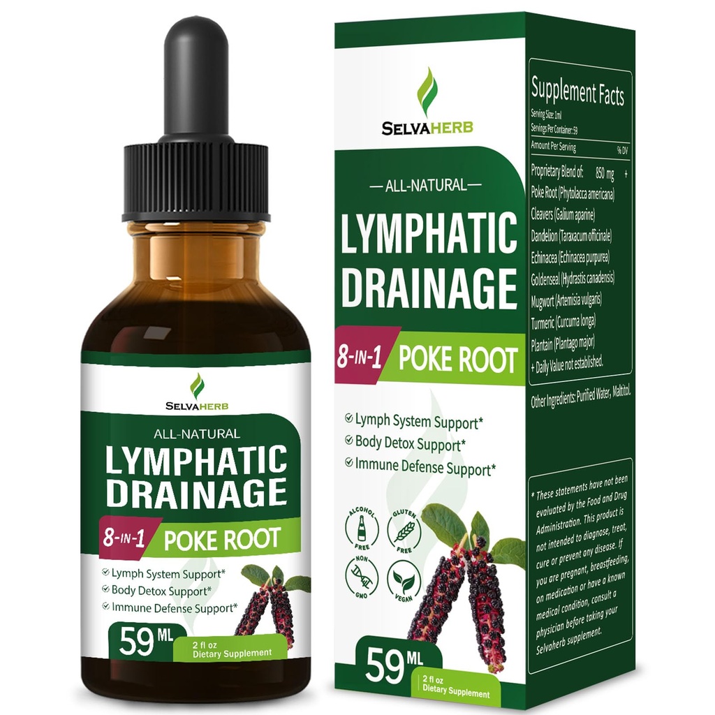Gocce di drenaggio linfatico dell'erba di radice di poke per il supporto del sistema di linfa, 8-in-1 Tintura di supplemento di formula di erbe ottimizzata per il corpo di disintossicazione & supporto immunitario w/cancellatori estratto di echinacea. 2oz