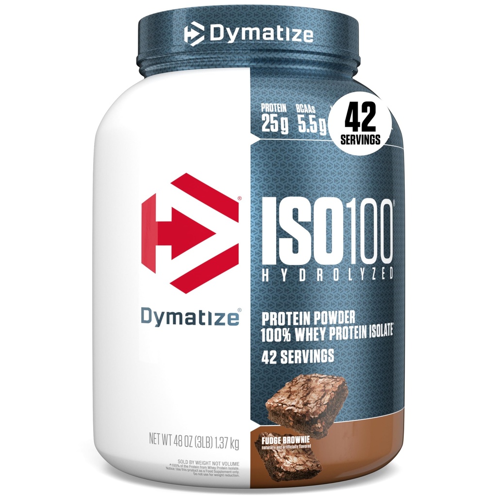 Dymatize ISO100 Whey Protein Pulver Isolieren, Fudge Brownie, 25g Protein, 3 Pfund, 5.5g BCAAs, Weniger als 120 Cal., Glutenfrei, 1g Fett, 1g Zucker, 2g Carb (42 Servierungen)