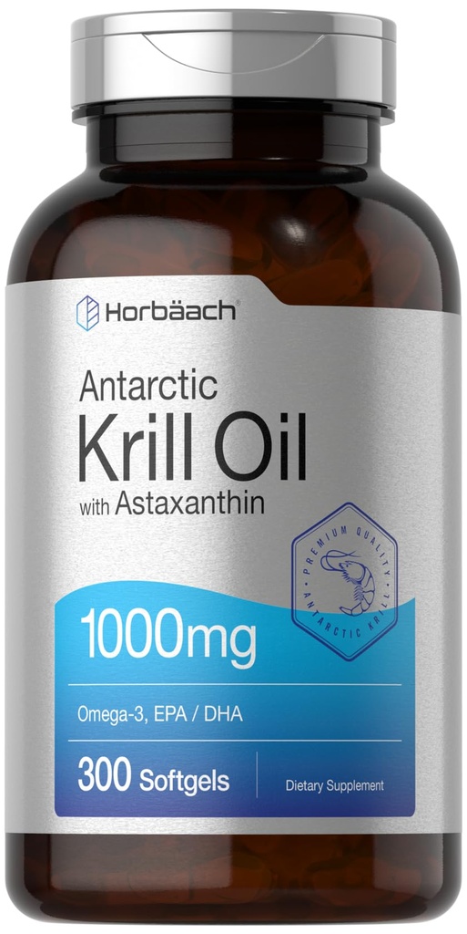 Horbäach Antarktis Krill Öl 1000mg Softgels | 300 Count | Omega 3 Ergänzungen mit Astaxanthin, EPA, DHA | Non-GMO, Glutenfrei