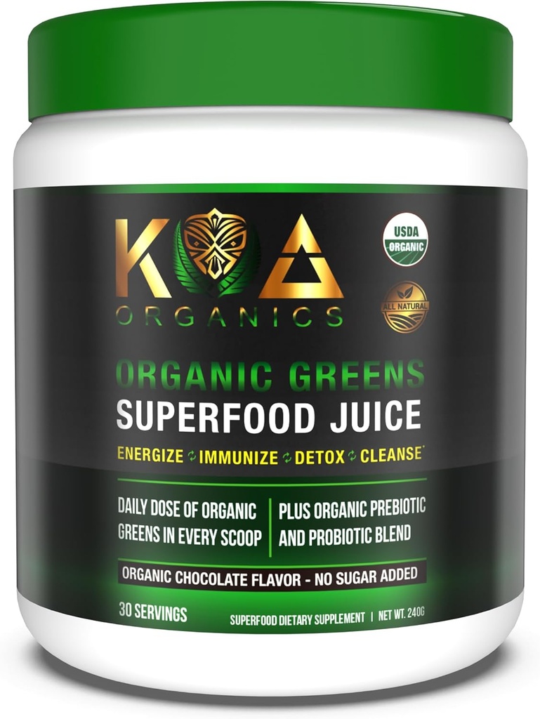 Greens Superfood Juice Powder - USDA Organic Super Greens Polvere con Spirulina, Chlorella, Matcha, erba di grano, enzimi digestivi e probiotici - Chocolate Flavor -30 Serv