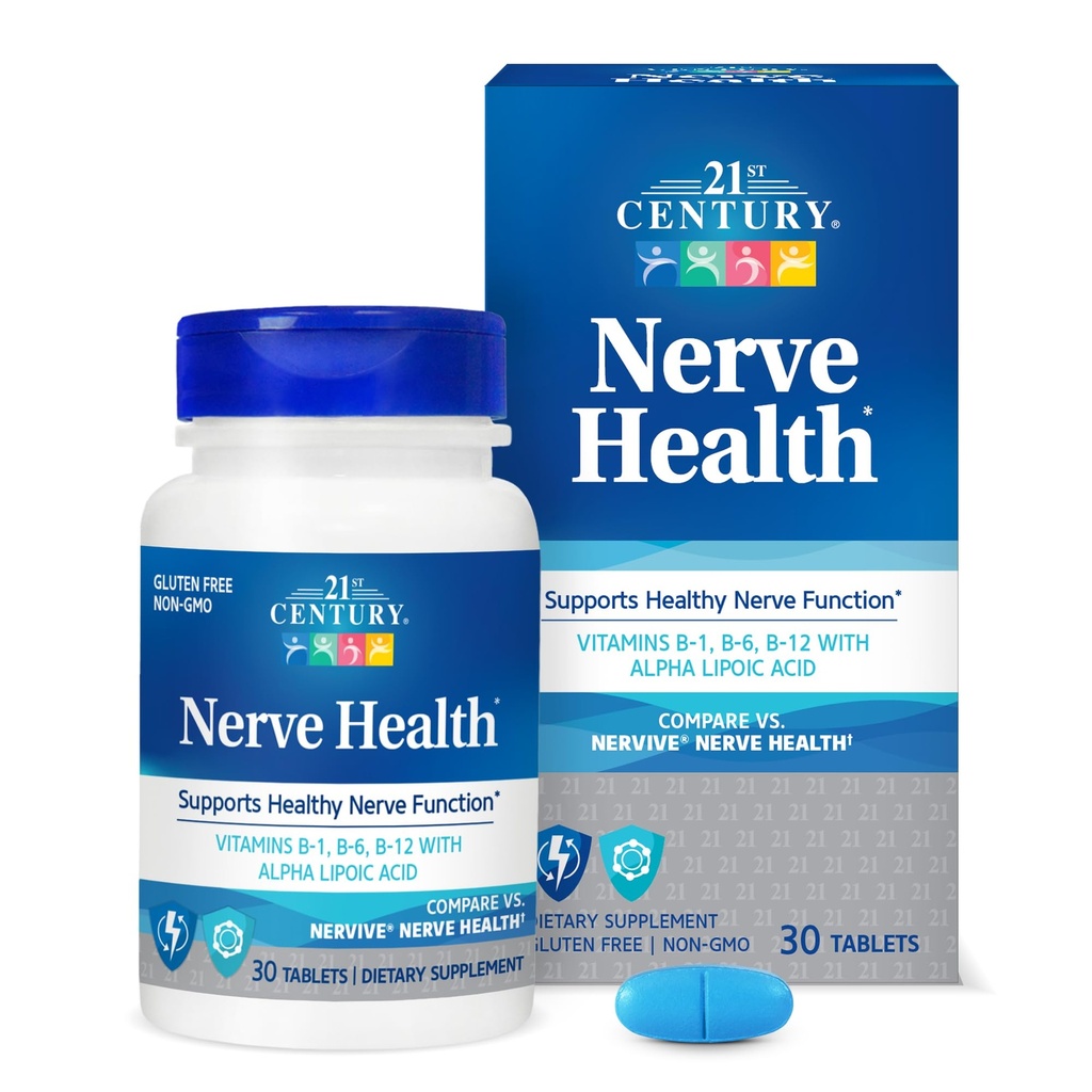 21st Century Nerve Health Tablets (30 conte), Alpha Lipoic Acid 300mg, B1, B6, & B12 Vitamine per Nerve Function Support, Antiossidante ALA Supplement, Gluten Free. Non-GMO, & Vegan