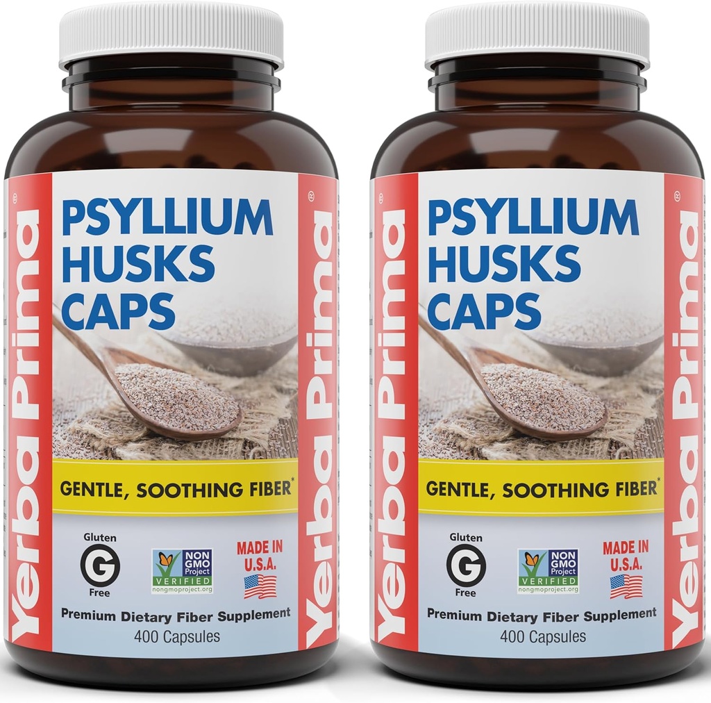Yerba Prima Psyllium Husks Caps, 625 mg, 400 Kapseln (Pack von 2) - Natural Fiber for Men und Women - Regularity Support Supplement