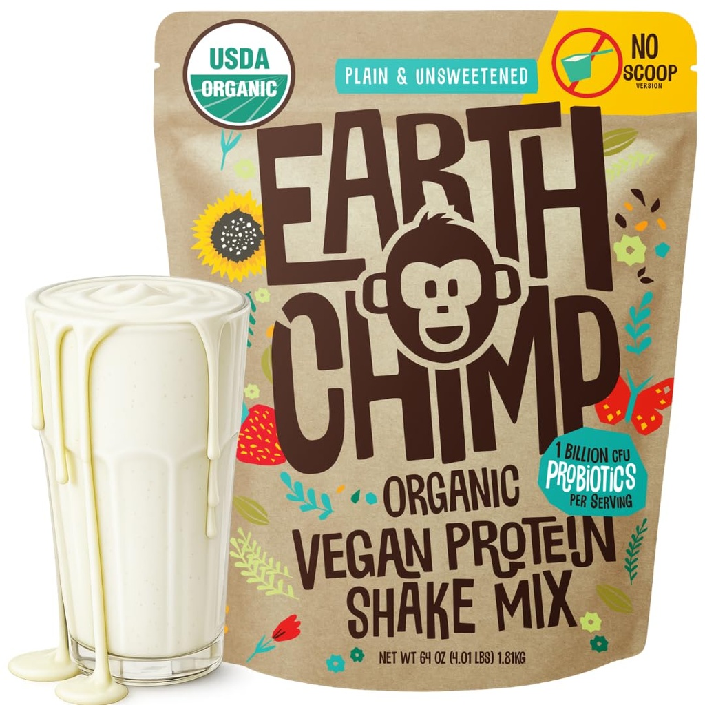 TerraChimp Organic Vegan Protein Powder - con Probiotici - Non OGM, Dairy Free, Non Whey, Plant Based Protein Powder per Donne e Uomini, Gluten Free - 52 Servings 64 Oz (Plain & Unsweetened) No Scoop
