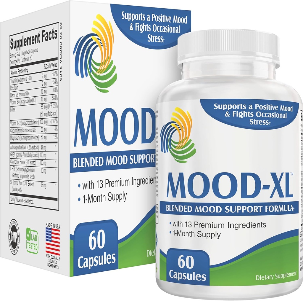 Mood-XL: 30-Tage-Mood-Supplement (All-in-1 Blend) mit 13 Wirkstoffen | Gesunde Mood-Ergänzungen & Vitamine | 1-Monat-Versorgung | 60 Kapseln