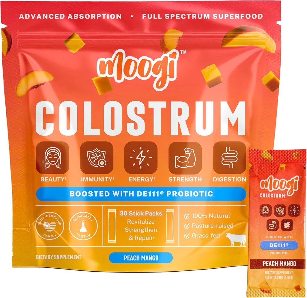 MoogiTM Premium Colostrum Pulver mit DE111® Probiotic | Peach Mango, 30 Stick Pack | Bovine Colostrum Pulver für Frauen & Männer | Gras Fed Colostrum Supplement für Gut Gesundheit, Immunität, Haut und Haar