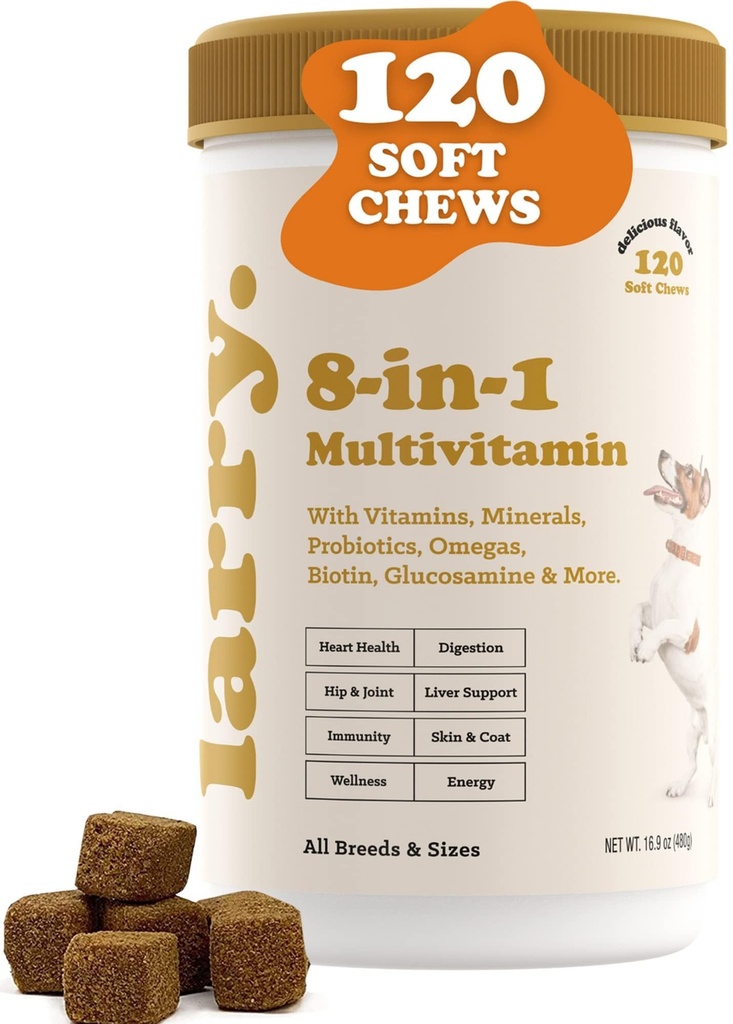 8-in-1 Multivitamin Hundeergänzung von Larry | Herz, Verdauung, Leber, Haut, Mantel, & Gelenk Unterstützung Ergänzung für Hunde | mit Vitaminen, Mineralien, Omegas, & Glucosamin Chondroitin | 120 Weiche Kauen