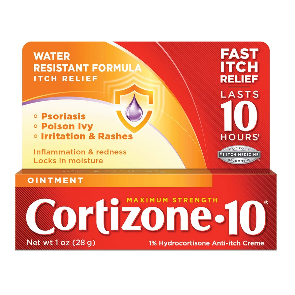 Cortizone 10 Onguent de résistance maximale 1 oz, 1 % Onguent hydrocortisone pour le soulagement des démangeaisons - Emballage Mai Varier