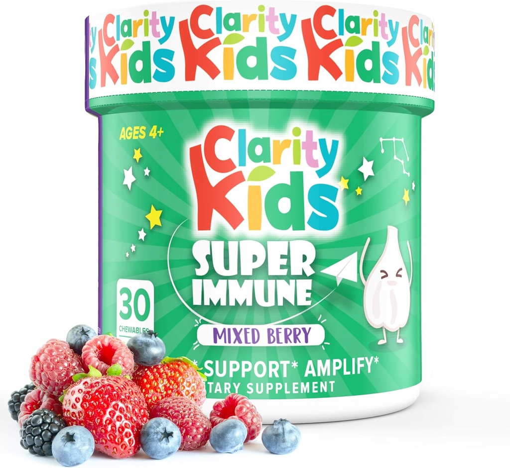 Clarity Kids Super Immune Support | Elderberry Extract, Vitamin C, Probiotics & Zink für Kinder | Alle natürlichen Kinder Ergänzung für ein gesundes Gut | USA gemacht Chewables | 30 Stück