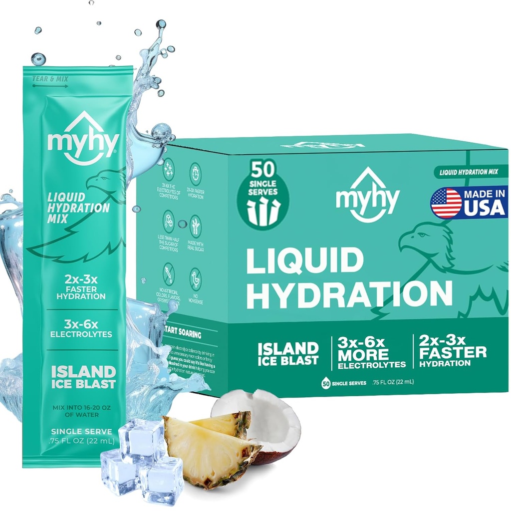 MyHy Liquid Hydration Packets, Elektrolyt Drink Mix für Erwachsene & Kinder Hydration Support, Dehydration Relief für Reisen, Schwangerschaft, Fitness, Bachelor & Bachelorette Party – Island Ice, 50 Count