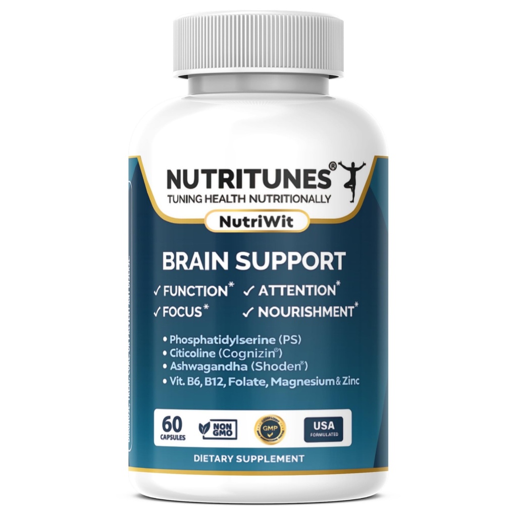 Supplément santé cérébrale–Soutien à la mémoire, au focus et à l'alimentation cérébrale avec Cognizin Citicoline, Phosphatidylsérine, Shoden Ashwagandha, B Vitamines, Magnésium et Zinc–60 Capsules NutriWit