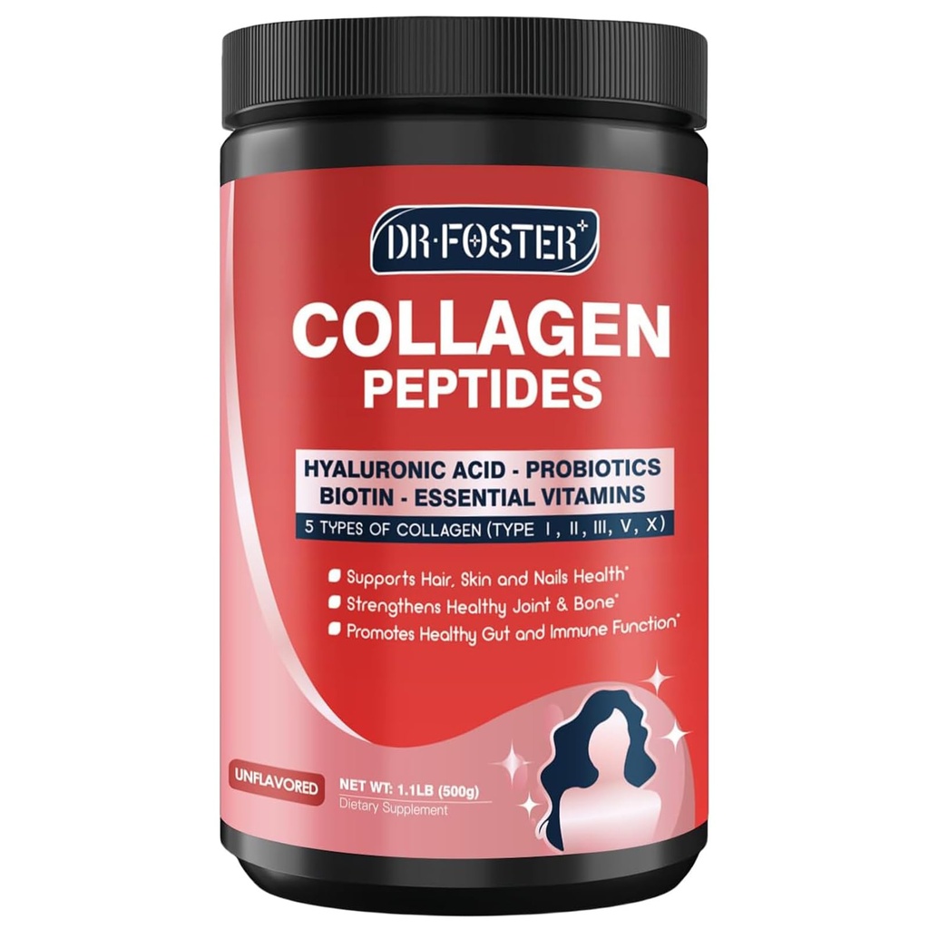 DRFOSTER Multi-Collagen-Peptide-Powder con Probiotici, 50 Serve di Peptidi di Collagene idrolizzati con Acido Ialuronico, Biotina e Multivitaminici - Supporta Pelle, Capelli, Salute Unghie