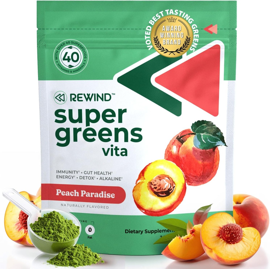 Best Tasting Super Greens Powder mit 40+ Superfoods – Delicious Daily Green Powder mit Vitamin B12, Zink, Vitamin C, Magnesium & Calcium – Green Juice Superfood Mix - Peach Flavor