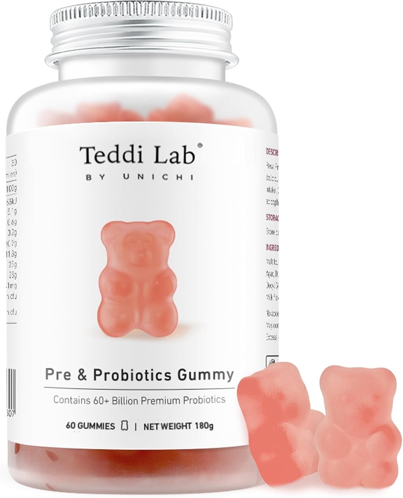 Pré et probiotiques Unichi Gummy, 60 milliards de probiotiques combinés avec le prébiotique pour le bien-être digestif et l'équilibre intérieur, non-OGM, saveur yogourt, 60 comte