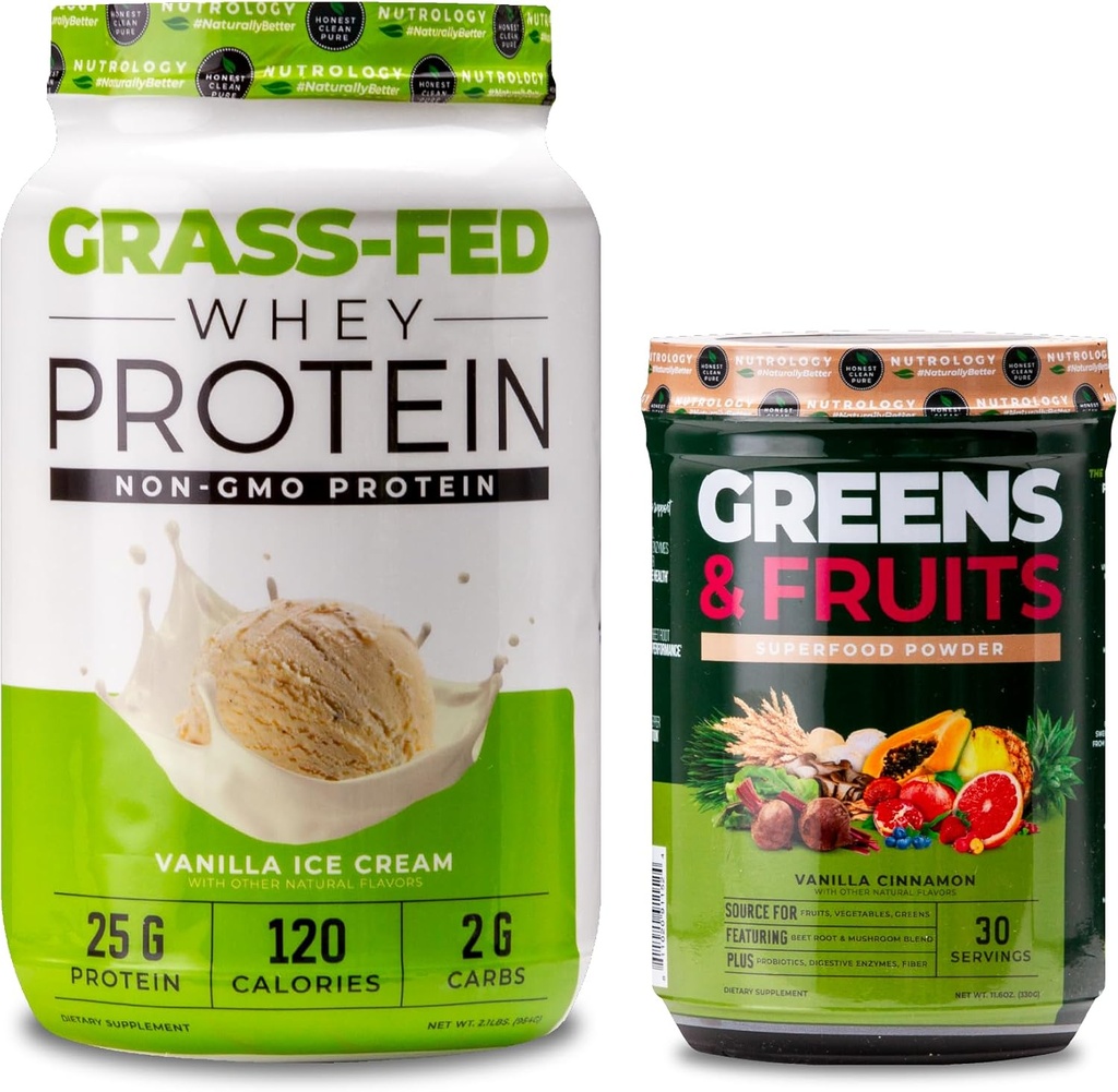 Nutrology Greens & Fruits Powder-Naturally Sourced Superfood, Vanilla Cinnamon (30 Servierungen) Gras Fed Whey Protein Powder, Vanilla Ice Cream Flavor (28 Servierungen)