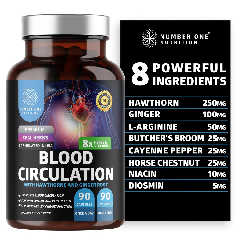 Premium Blutzirkulationsergänzung für Frauen und Männer [8 Leistungsfähige Kräuter & Vitamine] Alle natürlichen Blutflussergänzung mit Hawthorn, Metzger Broom und Cayenne Pfeffer, 90 Caps