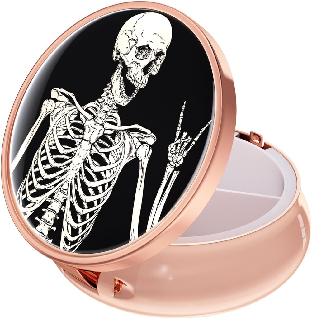 Rouidr Pill Box, 3 Compartment Medicine Pill Case, Small Metal Travel Medicine Box per Purse & Pocket, Rose Gold, Teschio