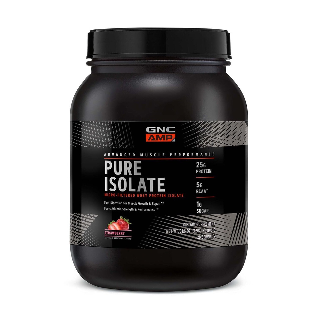 GNC AMP Pure isolare polvere di proteine del siero di latte, la crescita del muscolo, il recupero, le prestazioni, 25g proteine, 5g BCAA, 1g zucchero, 130 calorie o meno, 3 ° partito testato, senza glutine, fragola, 28 SVG