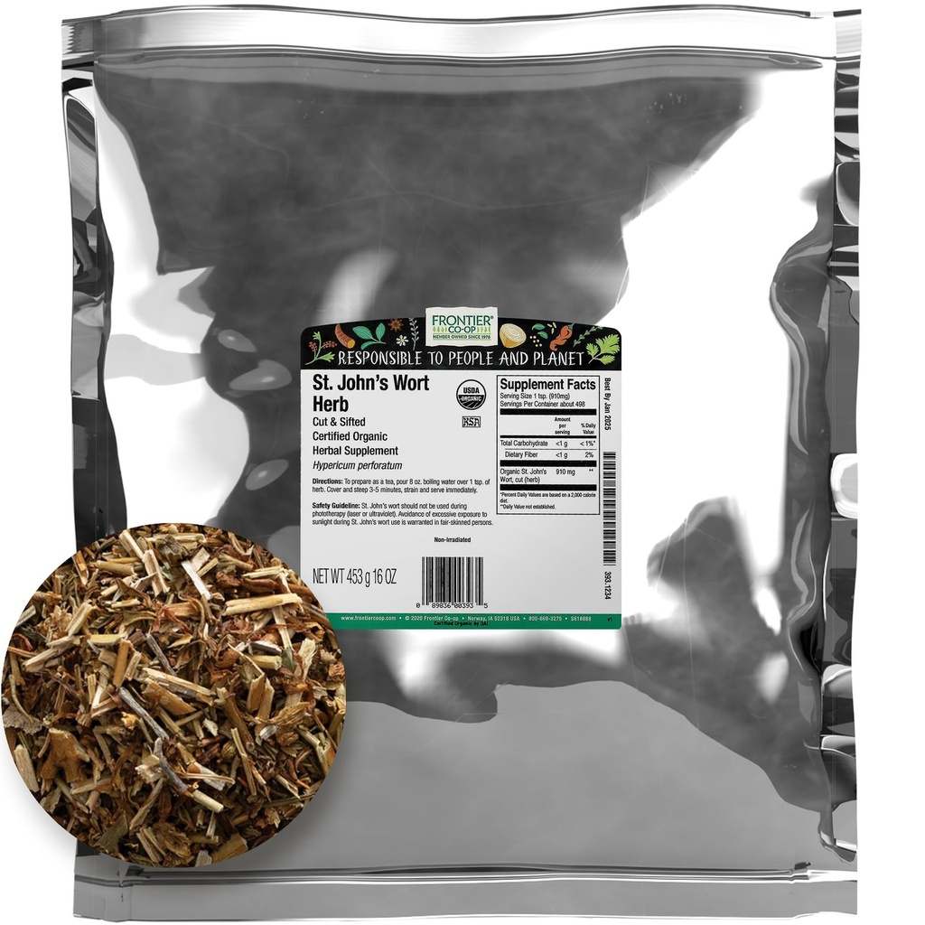 Frontier Co-Op Organic Cut and Sifted Saint John's Wort Herb 1lb - Herbe séchée pour St Johns Wort Organic Tea or Diy Capsules, huile, teinture, supplément