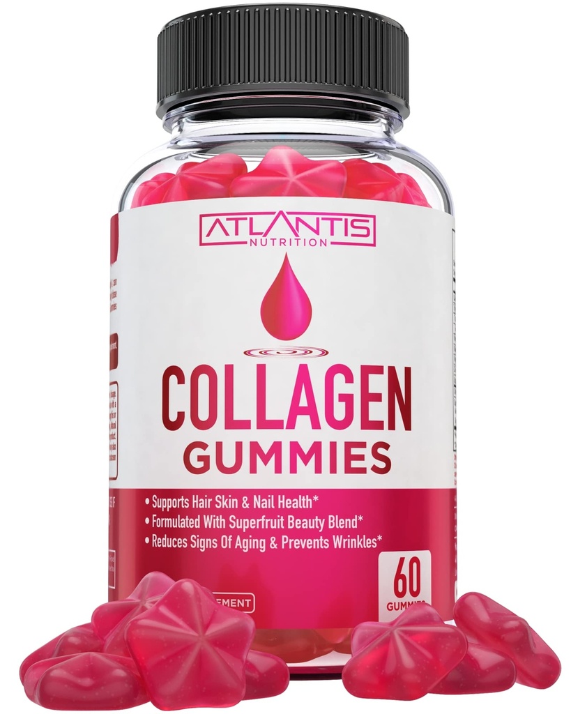 Atlantis Nutrition Collagen Peptides Gummi für Frauen - Formuliert mit Typ I & III - Vitamin & Superfruit Beauty Blend - Formuliert, um Haar, Nagel & Haut Gesundheit | 60 Count