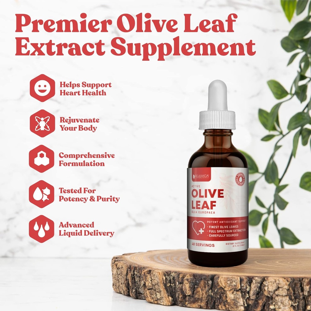 Rejuvica Active Olive Leaf Extract | Natürlich Occurring Oleuropein Flüssigkeitstropfen für Immun- und Herzunterstützung | Fast-Absorption, Vegan, Alkoholfrei | 6 fl oz