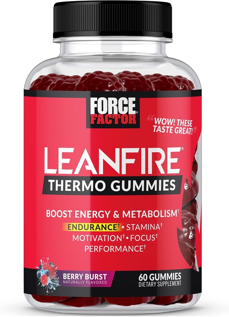 Force Factor LeanFire Thermo Gummies con B12 Vitamine, Caffeina, & Green Coffee Bean, Boost Energy, Metabolismo, Endurance, Stamina, Motivazione, Focus, & Performance, Pre Workout Gummies, 60 Gummies