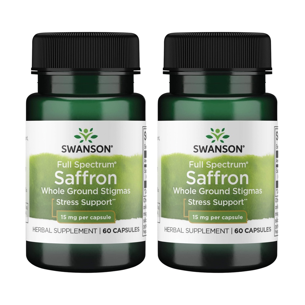 Swanson Full Spectrum Saffron (Whole Ground Stigmas)-Herbal Supplemento Promozione Natural Mood Support & Stress Management - Organic Spanish Saffron Supplement-(60 Veggie Capsules, 15mg Ogni) 2 Pack