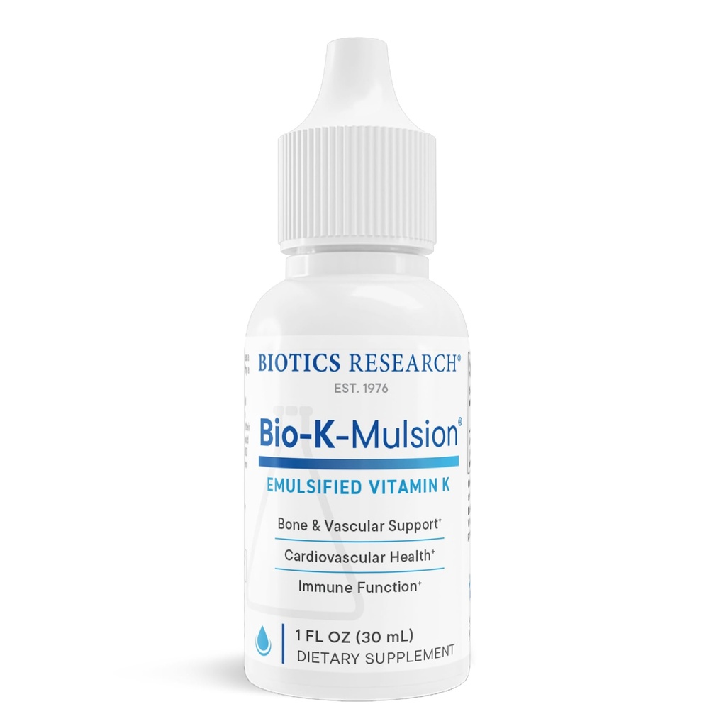 Biotics Research Bio K Mulsion Liquid Vitamin K Tropfen - 500 mcg/S - Vitamin K1 Phytonadione für Erwachsene - VIT K Supplement - Starke Knochen, Herzgesundheit, Blut Clotting Support, 1 fl oz